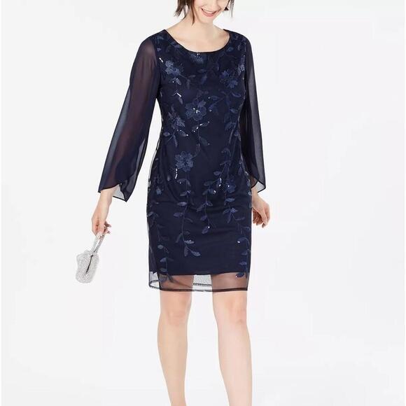 CONNECTED APPAREL Womens Navy Sequined Floral Long Sleeve Scoop Neck Dress - Picture 6 of 10